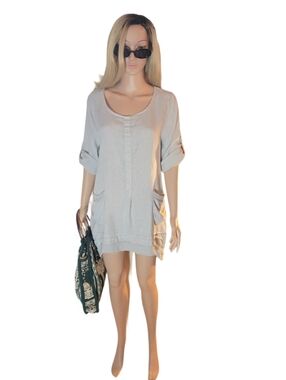 Lungo L’Arno  Lagenlook 100% Italian Linen Minimalist Tunic Dress Beige Sz L